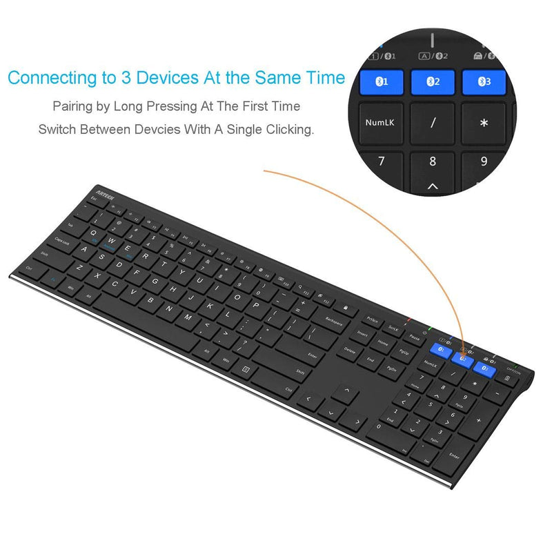 [Australia - AusPower] - Arteck HB192 Universal Bluetooth Keyboard Multi-Device Stainless Steel Full Size Wireless Keyboard for Windows iOS Android Computer Desktop Laptop Surface Tablet Smartphone Rechargeable Battery 