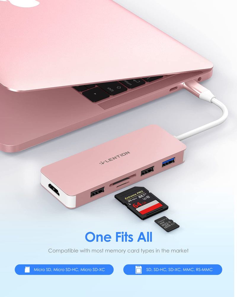 [Australia - AusPower] - LENTION USB C Hub with 4K HDMI, SD/Micro SD Card Reader, USB 3.0, USB 2.0 and Charging Compatible 2022-2016 MacBook Pro, New Mac Air/Surface, More, Stable Driver Certified Adapter (CB-C17, Rose Gold) 