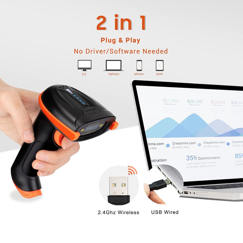 [Australia - AusPower] - Tera Barcode Scanner Wireless 1D Laser Cordless Barcode Reader with Battery Level Indicator, Versatile 2 in 1 2.4Ghz Wireless and USB 2.0 Wired Orange 