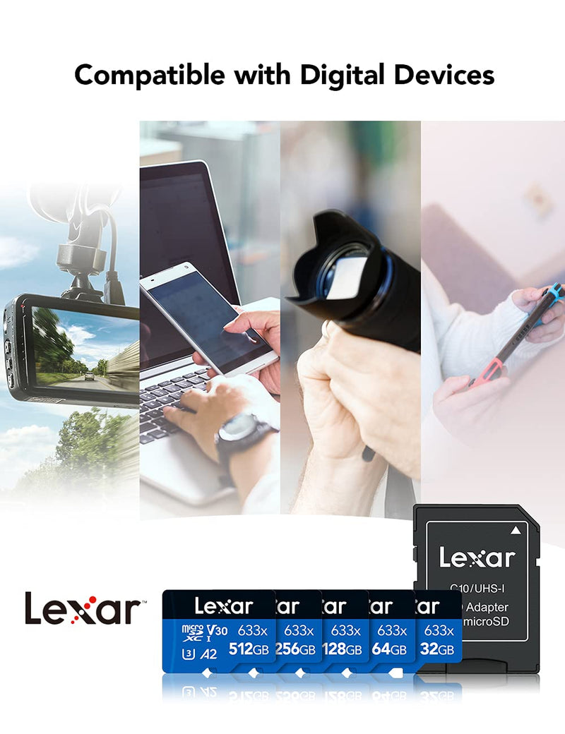 [Australia - AusPower] - Lexar High-Performance 633x 512GB microSDXC UHS-I Card w/ SD Adapter, Up To 100MB/s Read, for Smartphones, Tablets, and Action Cameras (LSDMI512BBNL633A) Single 