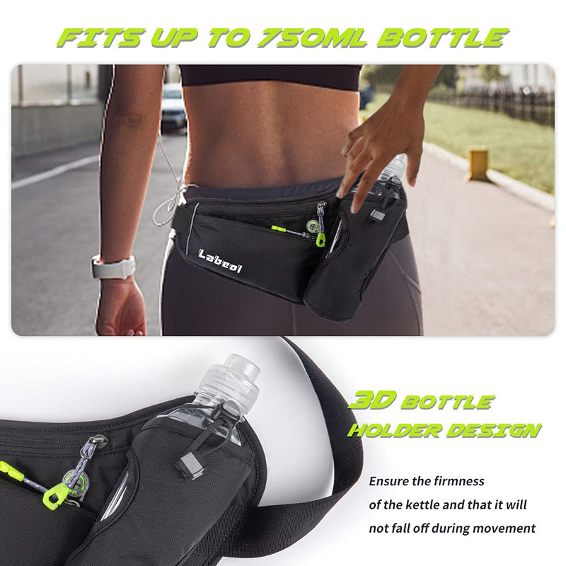 [Australia - AusPower] - Labeol Running Water Bottle Hydration Belt with Water Bottle Holder Hiking Walking Waist Pack Reflective Adjustable Fanny Pack Compatible for Phone Waistband Outdoor Running Belt (Black) Black 