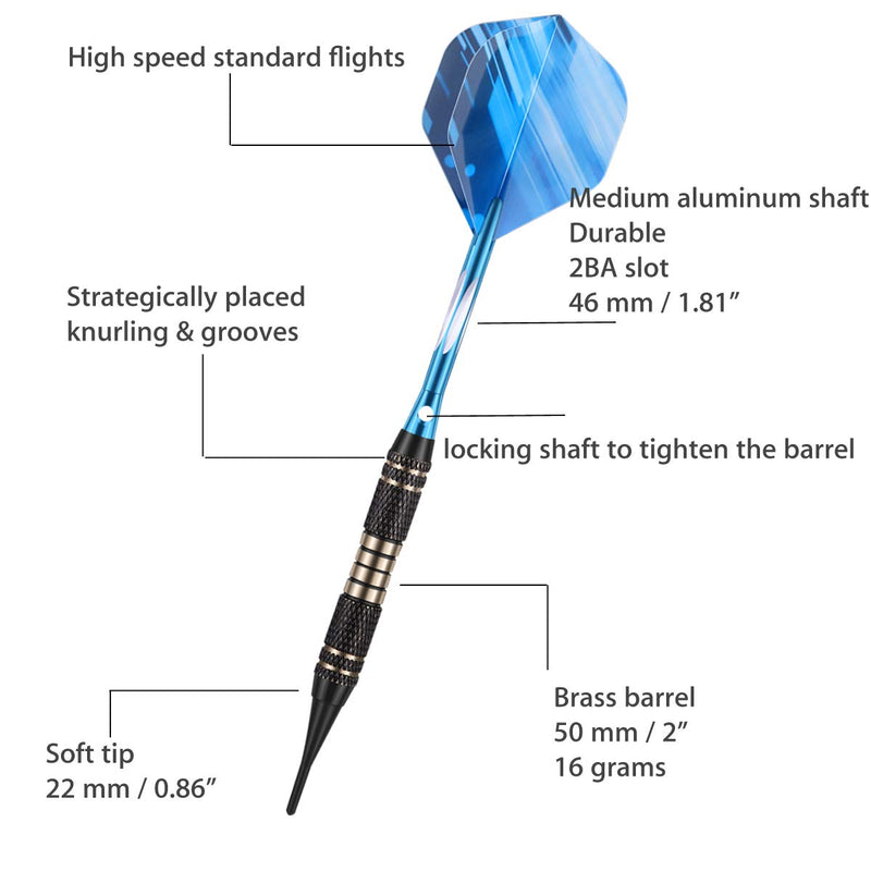 [Australia - AusPower] - sanfeng Soft tip Darts Set 18 Gram - Professional Darts Plastic Tip with Brass Barrel + Aluminum Shafts + 50 Rubber o-Ring + 6 Flights +30 Soft Tips for Electronic Dartboard 