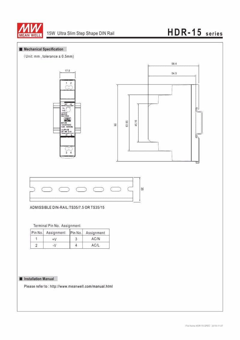 [Australia - AusPower] - MEAN WELL Ultra Slim Step-Shape 1SU DIN Rail Power Supply, 12V 1.25A 15W - HDR-15-12 