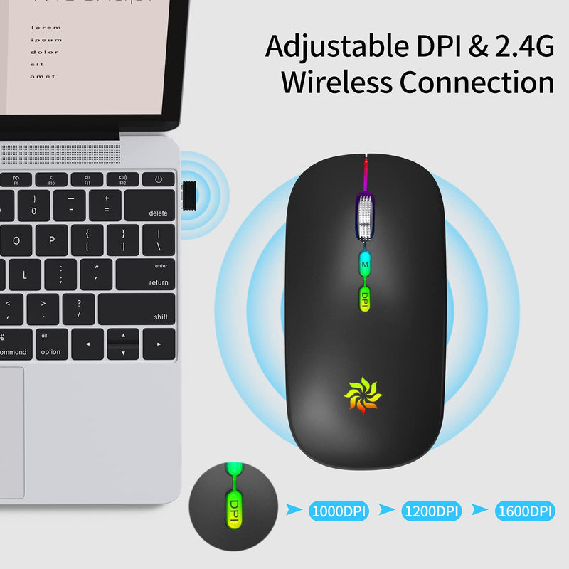 [Australia - AusPower] - LED Wireless Mouse Slim Silent Mouse 2.4G Rechargeable Wireless Computer Mouse Wireless Mouse for Laptop, MacBook, iPad, Chromebook, with USB & Type-c Receiver Black with LED Backlit 