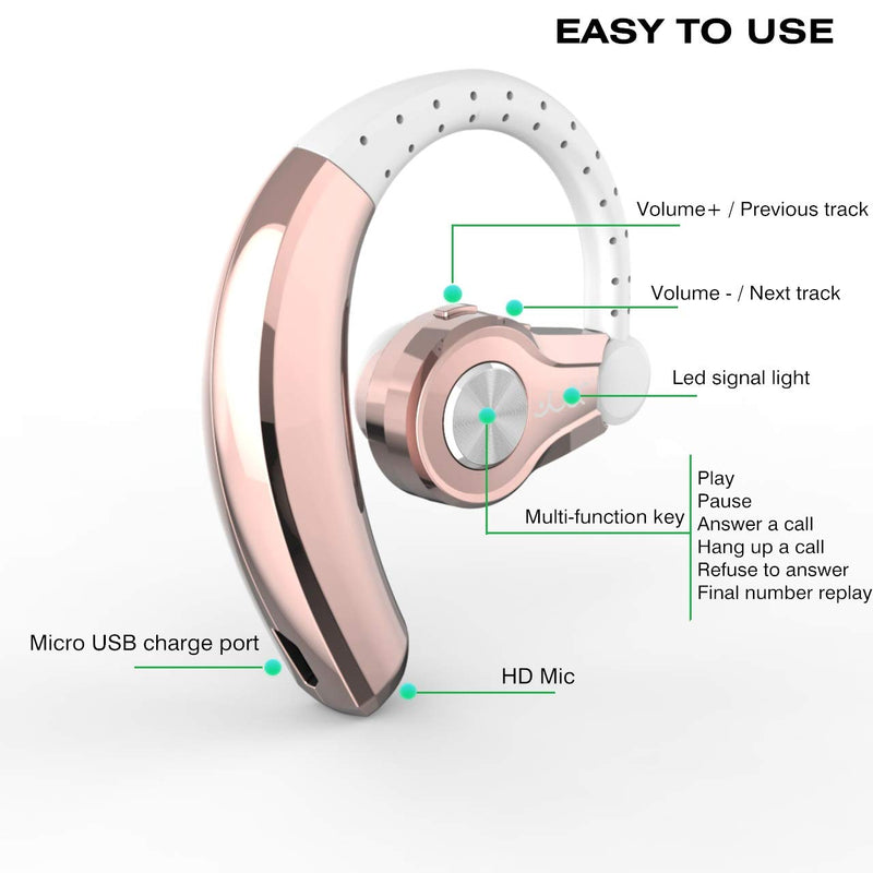 [Australia - AusPower] - PONYBRO Wireless Headset with Mic,Unmatched Comfy Wireless Earbud w/ 8 Hrs, HiFi Sound Cell Phone Earpiece Hands Free Headphone Compatible with Android/iPhone/Smartphones/Laptop, Rose Gold 