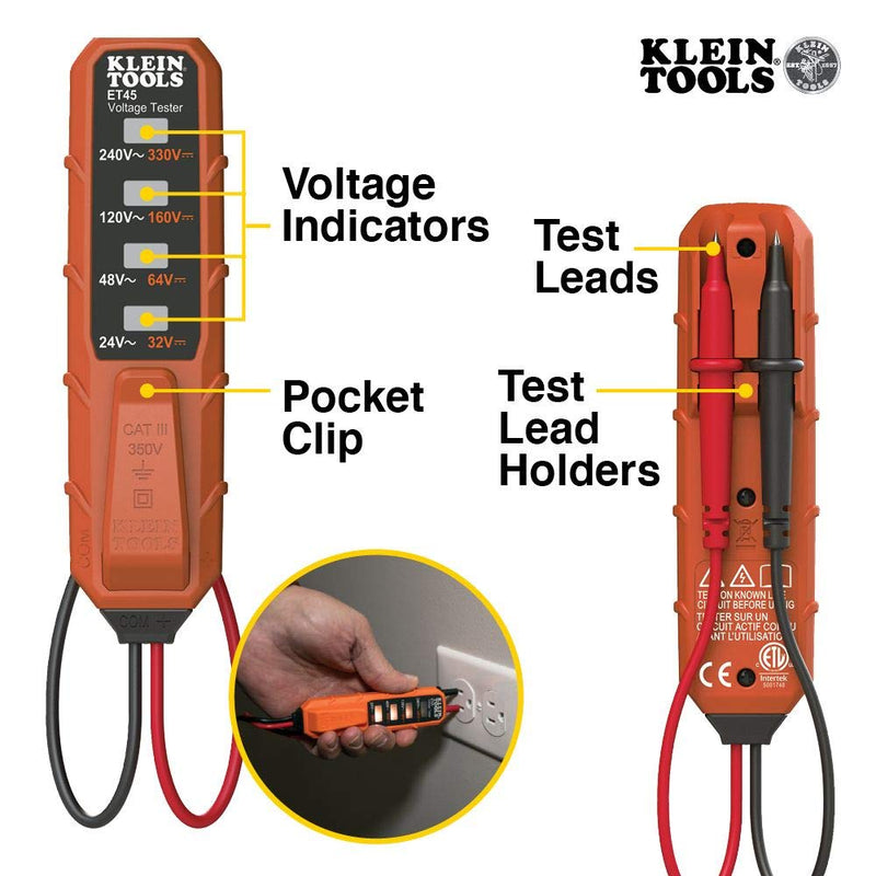 [Australia - AusPower] - Klein Tools ET45 Voltage Tester, AC Voltage, DC Voltage, Low Voltage Electric Tester, No Batteries Needed 24/240 V 