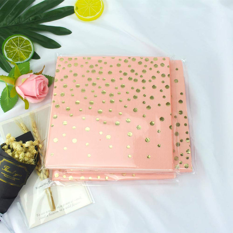 [Australia - AusPower] - Pink Luncheon Paper Napkins Stamped with Sparkle Gold Foil Dots - Folded 6.5 x 6.5 inch/Unfolded 13 x 13inch for Dinner Party, Cocktail, Bridal/Baby Shower, Birthday Party (48 Count) Polka Dots 
