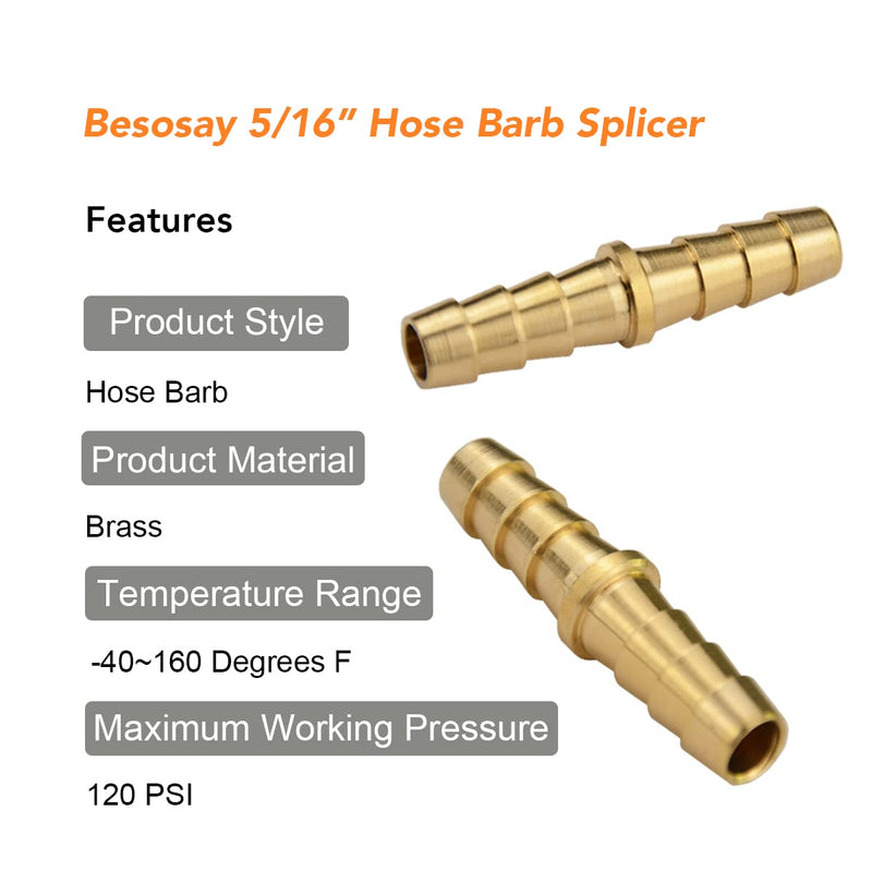 [Australia - AusPower] - (10-Pack) Besosay 5/16 Inch to 5/16 Inch (8mm) Brass Barb Splicer Reducer Mender Hose Fitting for Water/Fuel/Air/Oil/Gas 5/16" (8mm) 