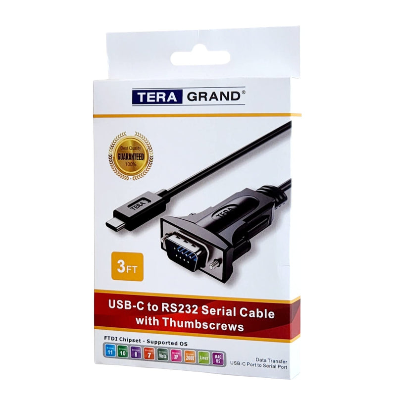 [Australia - AusPower] - Tera Grand - USB C to RS232 Serial DB9 Adapter Cable with Thumbscrews and FTDI chipset, Supports Windows 11, 10, 8, 7, Vista, XP, 2000, 98, Linux and Mac, 3 Ft 3 Feet 