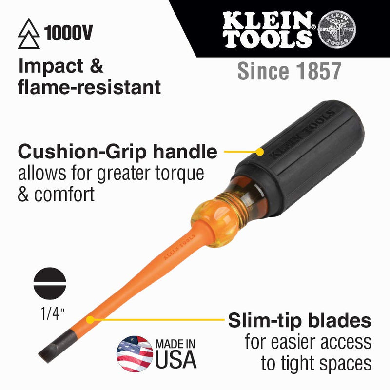 [Australia - AusPower] - Klein Tools 6924INS 1000V Slim Tip Insulated Screwdriver, 4-Inch Round Shank, 1/4-Inch Cabinet Tip, Cushion Grip Handle 