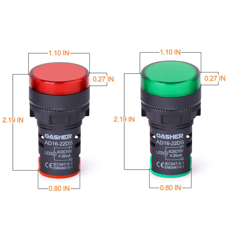 [Australia - AusPower] - GASHER 12V/24V/110V 20mA Energy Saving Indicator Light Mounting Hole Size 22mm (7/8 Inch) Red Green 10 Pcs 12V 10PCS 