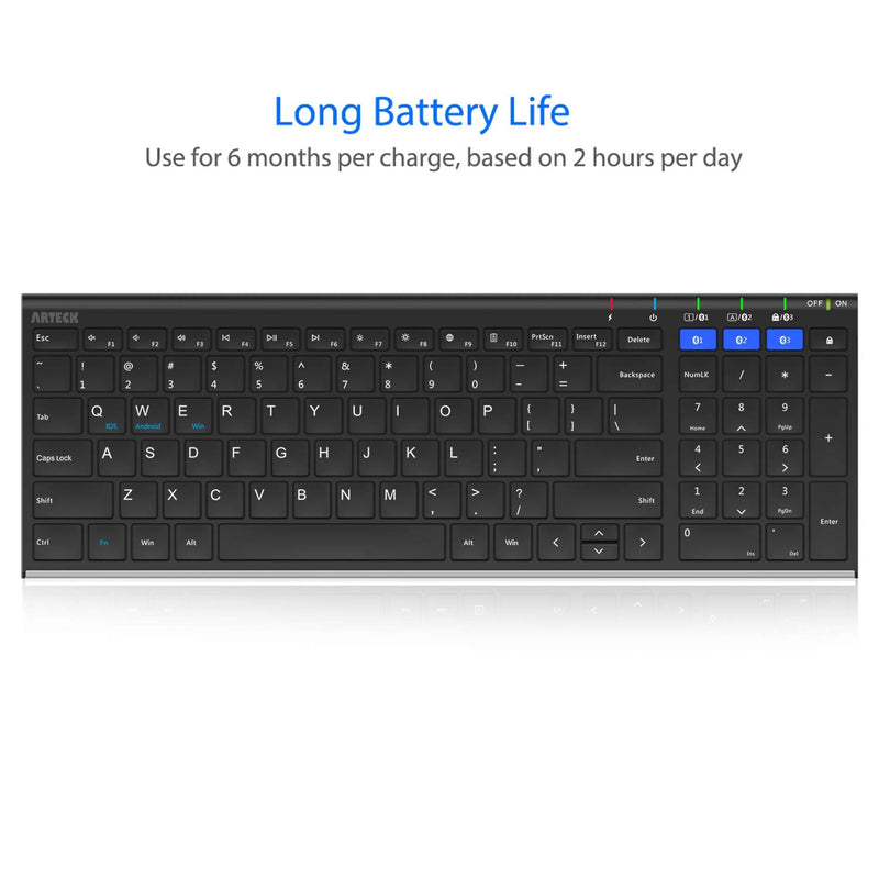 [Australia - AusPower] - Arteck HB193 Universal Bluetooth Keyboard Multi-Device Stainless Steel Full Size Wireless Keyboard for Windows, iOS, Android, Computer Desktop Laptop Surface Tablet Smartphone Rechargeable Battery 