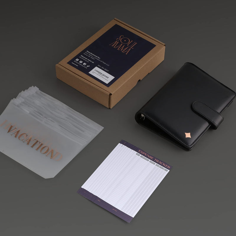 [Australia - AusPower] - A6 Budget Binder with Cash envelopes for budgeting - Black PU Leather Money Organizer for cash, 10 Gold Vinyl Printed Stickers Money Envelopes 