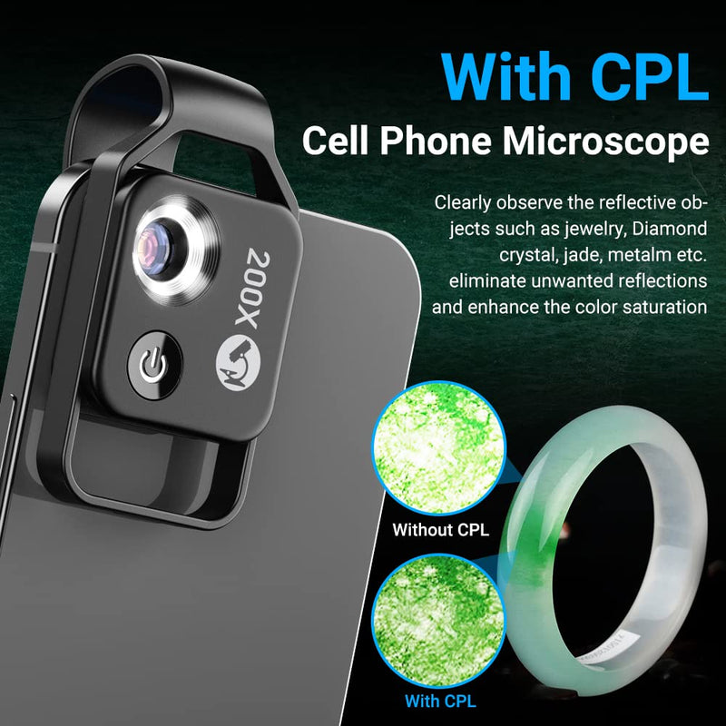 [Australia - AusPower] - 200X Phone Mini Pocket Microscope with LED Light/Universal Clip, Portable Digital Microscope Camera Attachments for 99% Smartphone, Microworld for Kids Adults (200X with CPL, Black) 200X with CPL 