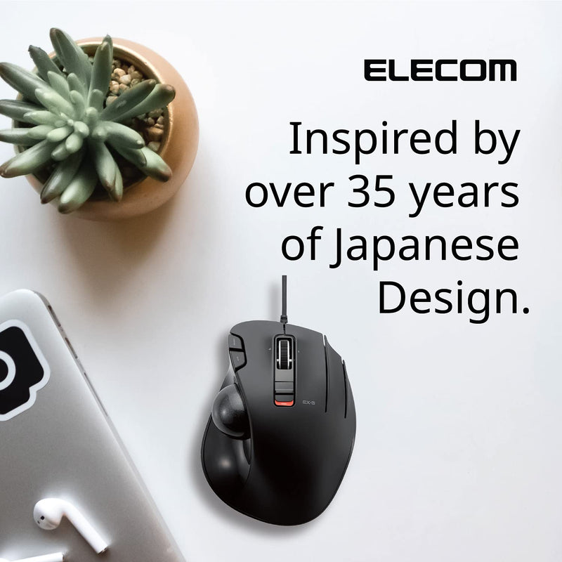 [Australia - AusPower] - ELECOM EX-G Trackball Mouse, 2.4GHz Wired, Thumb Control, Ergonomic Design, 5-Button Function with Smooth Tracking, Ergonomic Design, Optical Gaming Sensor, Windows11, macOS (M-XT2URBK-G) Black / Black ball 