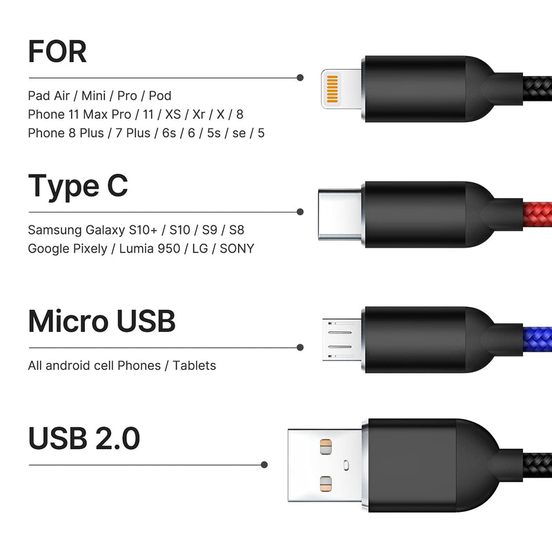 [Australia - AusPower] - Multi Charging Cable, Multi Charger Cable Nylon Braided 3 in 1 Charging Cable Multi USB Cable Fast Charging Cord with Type-C, Micro USB and IP Port, Compatible with Most Phones & iPads (2 Pack) 