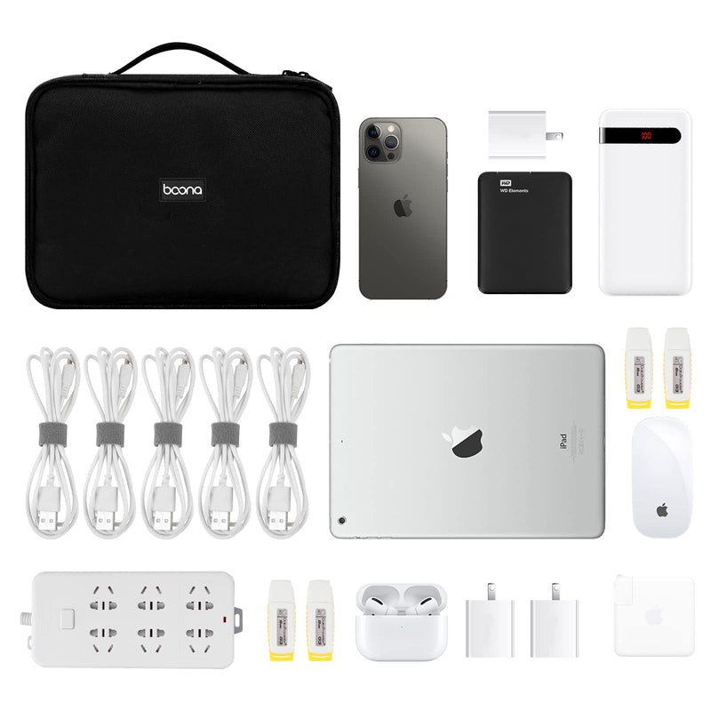 [Australia - AusPower] - Dual Electronics Travel Organizer Bag Double Layers Digital Accessories Carrying Case, Portable Cable Storage Bag for iPad Mini Power Bank Hard Disk Cell Phone Cord Charger, Black Double Layers L Electronic Accessories Storage 