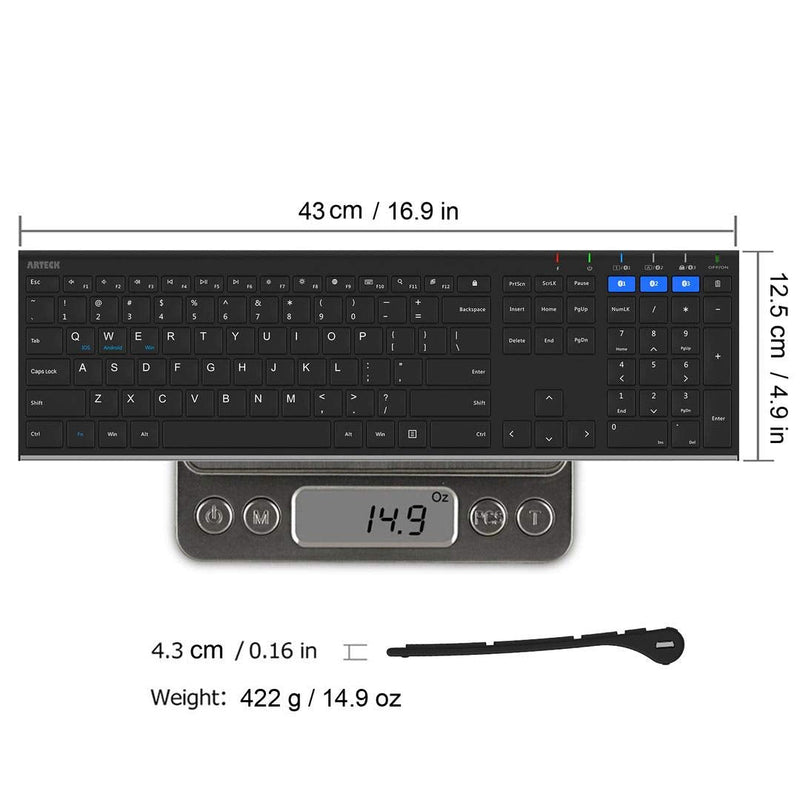 [Australia - AusPower] - Arteck HB192 Universal Bluetooth Keyboard Multi-Device Stainless Steel Full Size Wireless Keyboard for Windows iOS Android Computer Desktop Laptop Surface Tablet Smartphone Rechargeable Battery 