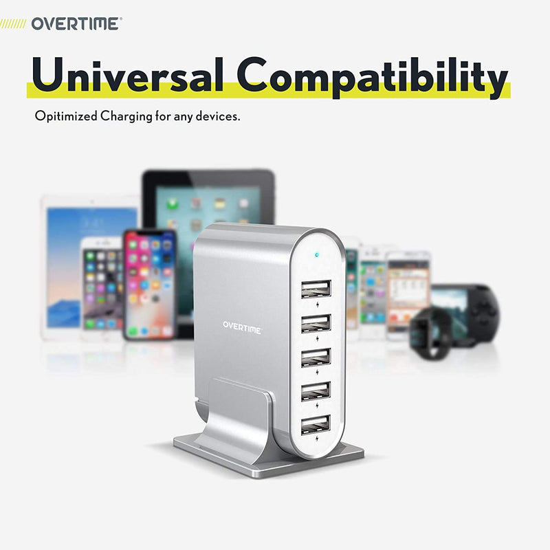 [Australia - AusPower] - Multiple USB Charger, Overtime 35.5W/7.1A 5-Port Desktop Charger Charging Station Multi Port Fast Wall Charger Hub Compatible with iPhone, iPad, Samsung, LG, Nexus, HTC and More - Silver 