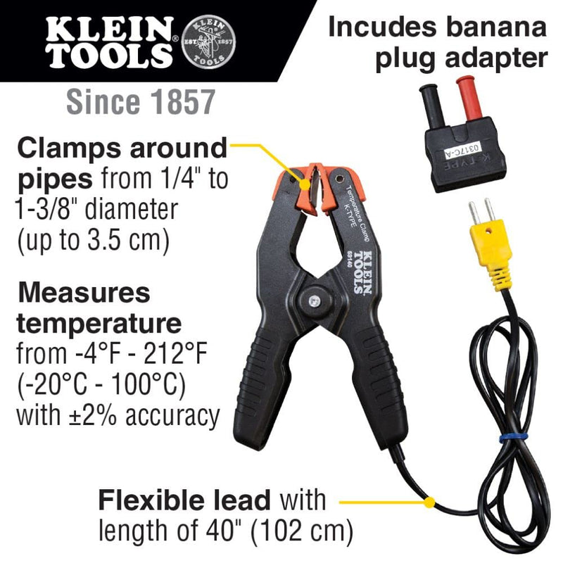 [Australia - AusPower] - Klein Tools 69140 K-Type Thermometer, Pipe Temperature Clamp for HVAC, Measures -4 to +212 Degrees Fahrenheit K-Type Temperature Pipe Clamp 