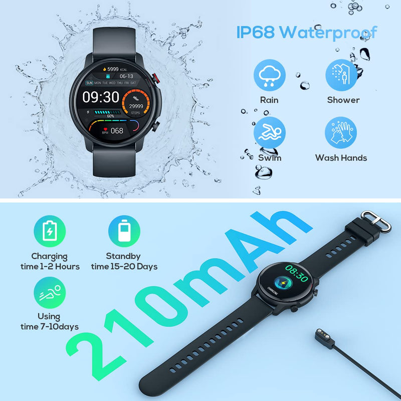 [Australia - AusPower] - Smart Watch for Men Fitness Tracker: IP68 Waterproof Smartwatch for Android iOS Phone Sport Running Digital Watches with Heart Rate Blood Pressure Sleep Monitor Step Counter 46.5mm Round Touch Screen black 