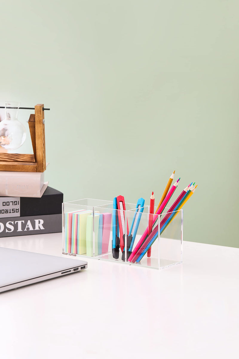 [Australia - AusPower] - Acrylic Home, Office Storage Organizer Pen Holder,Kitchen Utensil & Silverware Caddy Bin,3 Compartments- Container for Cabinets, Drawers, Desks, Workspace-for Pens, Pencils, Highlighters, Clips,sliverware- 8.9×3×3.9 Inch - Clear 3 compartments 