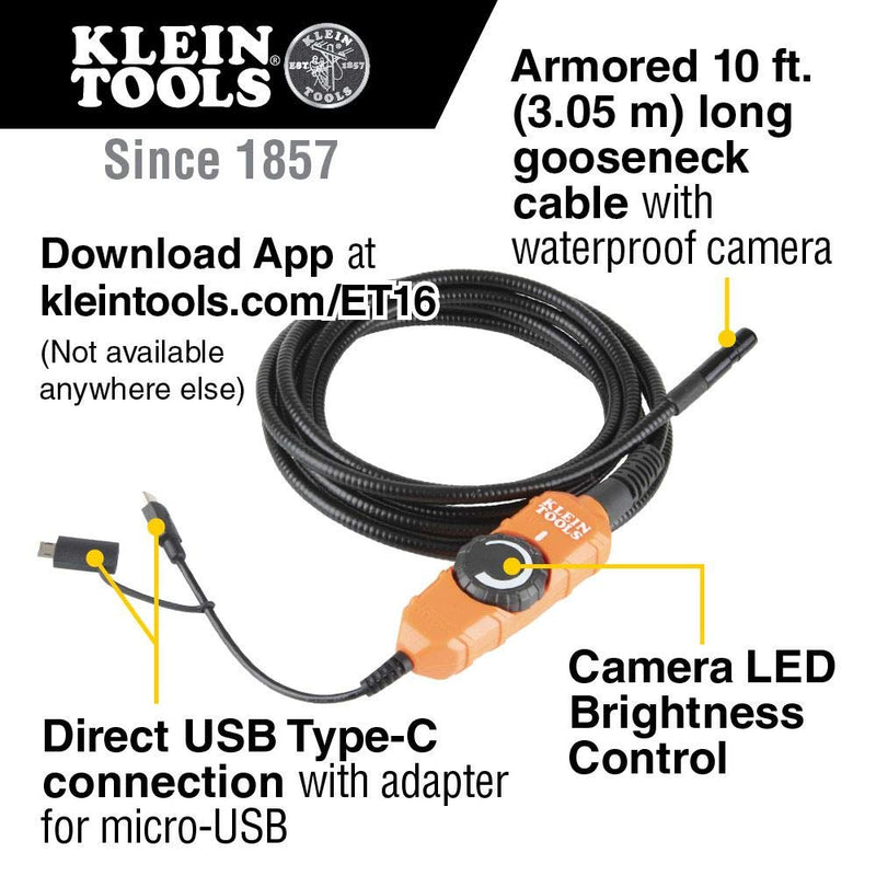 [Australia - AusPower] - Borescope Digital Camera with LED Lights, for Android Devices, USB-C or Micro-USB Connection; No Batteries Needed Klein Tools ET16 USB Connection 