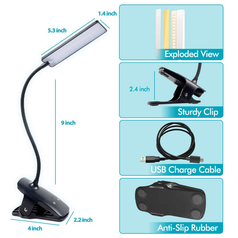 [Australia - AusPower] - CUHIOY Reading Light Clip, Portable Clip Desk Lamp, Eye Protect Clip on Light for Bed, Rechargeable Book Light, Led Headboard Reading Light, Clip Light for Reading with Flexible Neck, Kids Night Light Black 