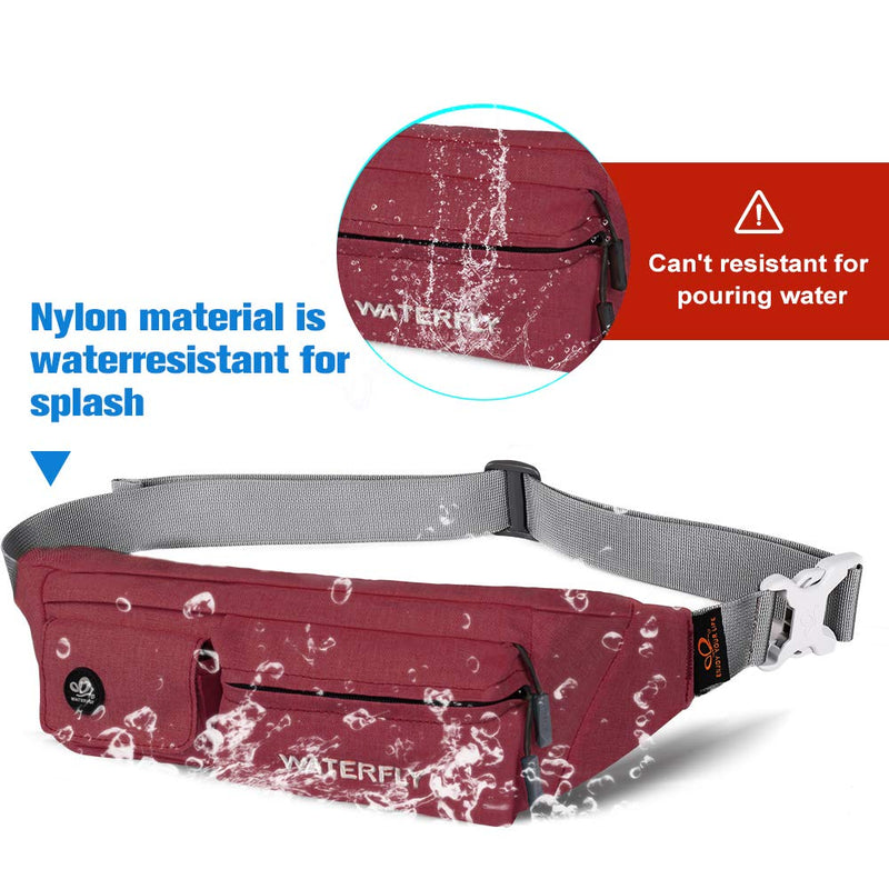 [Australia - AusPower] - WATERFLY Fanny Pack for Women Men Water Resistant Small Waist Pouch Slim Belt Bag with 4 Pockets for Running Travelling Hiking Walking Lightweight Crossbody Chest Bag Fit All Phones Wine red 