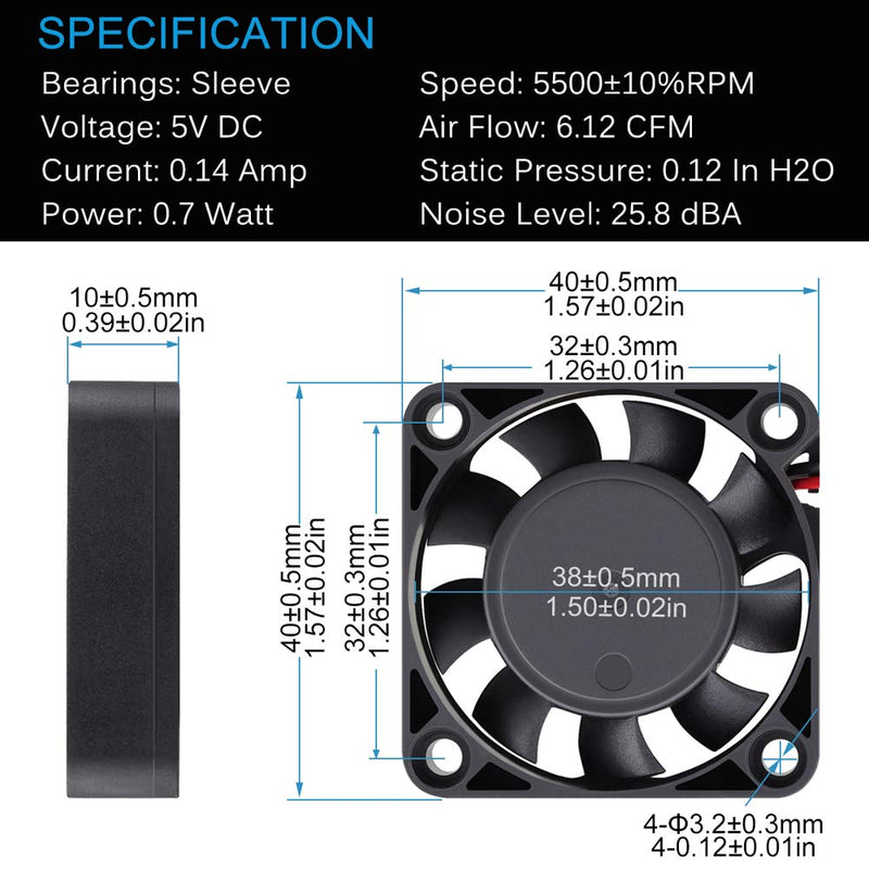 [Australia - AusPower] - GDSTME 40mm USB Fan for VR Gear, Aquarium, Roku, Router, Raspberry Pi, Cosplay, Helmet Cooling Ventilation 40x40x10mm 