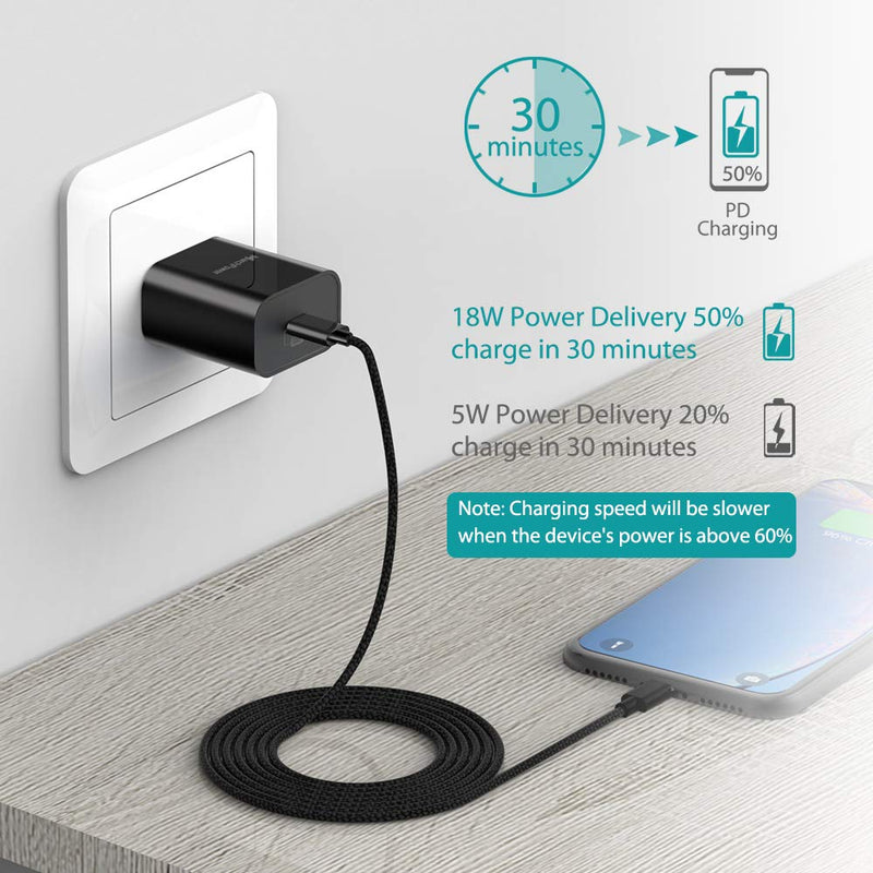 [Australia - AusPower] - iPhone Fast Charger - MFi Certified - 18W Type C Power Adapter Wall Plug with 6ft C to Lightning Cable Quick Charge Sync Cord Compatible with iPhone 12 SE 11 Pro MAX X XS XR 8 AirPods Pro iPad Black 