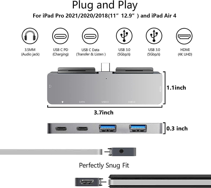 [Australia - AusPower] - USB C HUB for iPad Pro 11/12.9" 2021 2020 2018,Adapter for iPad Air 4,6 in 1 iPad Pro Hub with 4K HDMI,3.5mm Headphone Jack,2 USB3.0 Ports,USB C PD Charging&Data,USB C Earphone Jack 