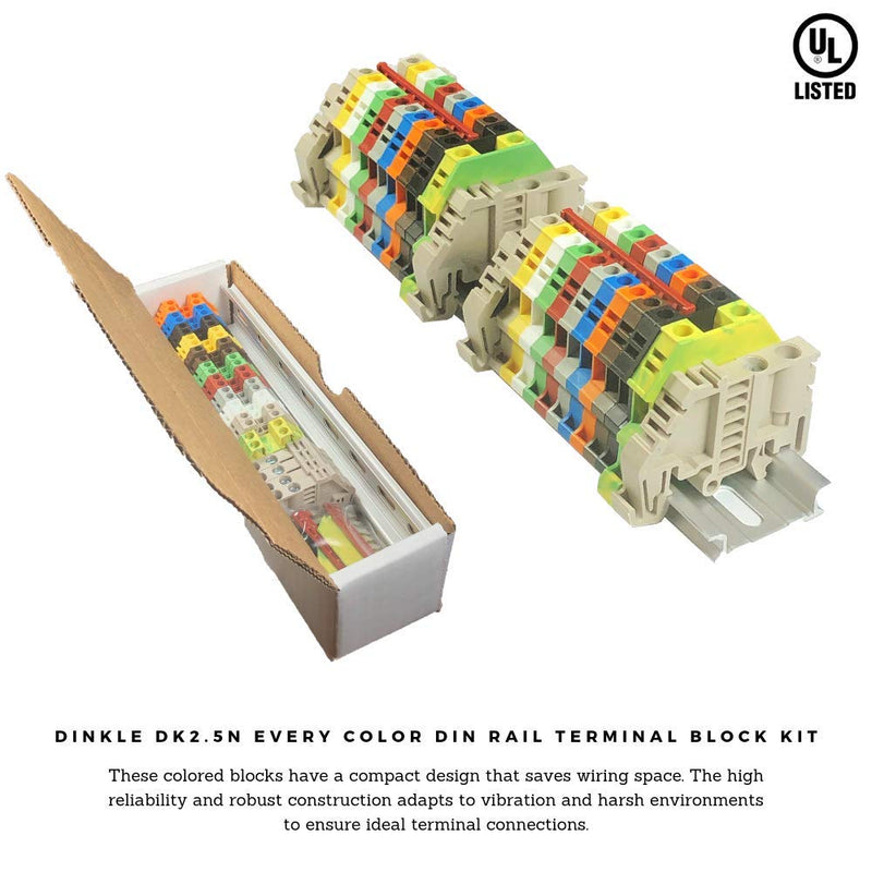 [Australia - AusPower] - Dinkle UL Every Color DIN Rail Terminal Block Kit 20 DK2.5N 12 AWG Gauge 20A 600V Ground DK4N-PE Jumper DSS2.5N-10P End Covers End Brackets 