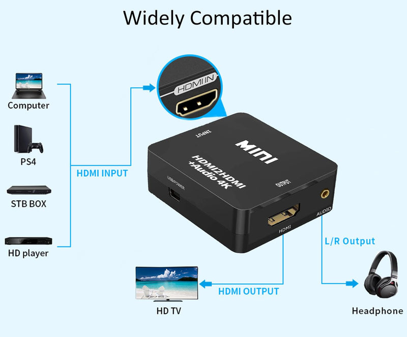 [Australia - AusPower] - HDMI Audio Extractor, 4K HDMI to HDMI Splitter 3.5mm AUX Audio 1080P, Compatable for TV, PC, PS3/4/5, Blu-ray/DVD/HD Player, Projector, Sound System, Xbox, Switch 