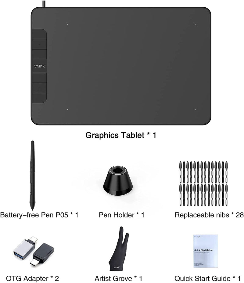 [Australia - AusPower] - VEIKK VK640 Graphic Drawing Tablet, 6 Hot Keys and Tilt Support 8192 Battery-Free Pen, Compatible with Windows/Mac/Linux OS and Andorid Mobile 