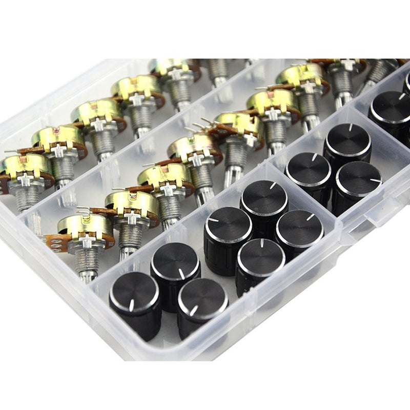 [Australia - AusPower] - WMYCONGCONG 20 PCS B10K 10K Ohm Knurled Shaft Linear Rotary Taper Potentiometer with Black Knob(WH148) Kit 