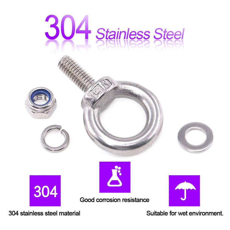 [Australia - AusPower] - 36Pcs 304 Stainless Steel M5 Male Thread Lifting Ring Eye Bolt Kit, Including 6Pcs M5 Eye Bolt with 10Pcs Lock Nuts, 10Pcs Lock Washers and 10Pcs Flat Washers 