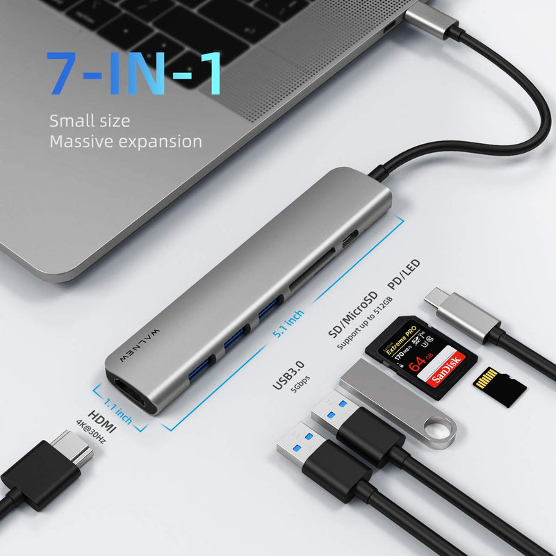 [Australia - AusPower] - WALNEW USB C Hub, MacBook Pro USB C Adapter, 7-in-1 Type C Hub with 4K USB-C to HDMI, 3 USB 3.0 Ports, SD/TF Card Reader, 100W PD Dock for MacBook Pro/Air(Thunderbolt 3)/ Type C Devices Gray 