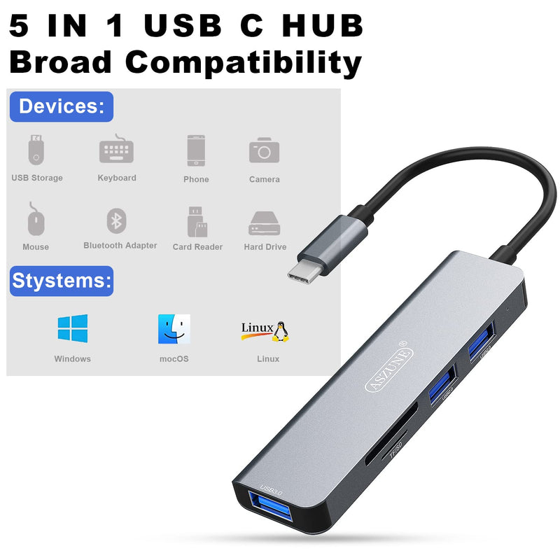[Australia - AusPower] - USB C Adapter, Upgraded Durable ASZUNE 5 in 1 Universal USB C Hub Multiport Adapter Type C to USB Adapter with 3.0 USB SD TF Card Reader OTG Adapter for ipad iMac iPhone 13 Samsung Keyboard Mouse 5 in 1-Aluminum gray 