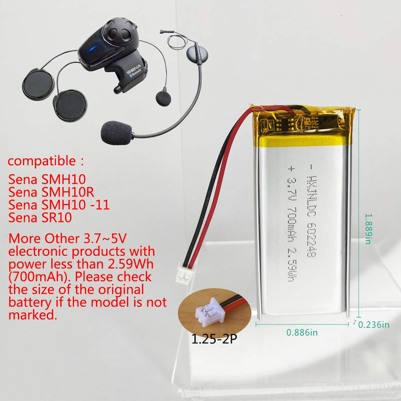 [Australia - AusPower] - 602248 3.7v Battery 700mAh for Sena SMH10 SMH10R SMH10D SMH10-11 SR10 Bluetooth Headset Battery Replacement fits Motorcycles Bluetooth Headset Intercom Built-in Battery 2PACK 