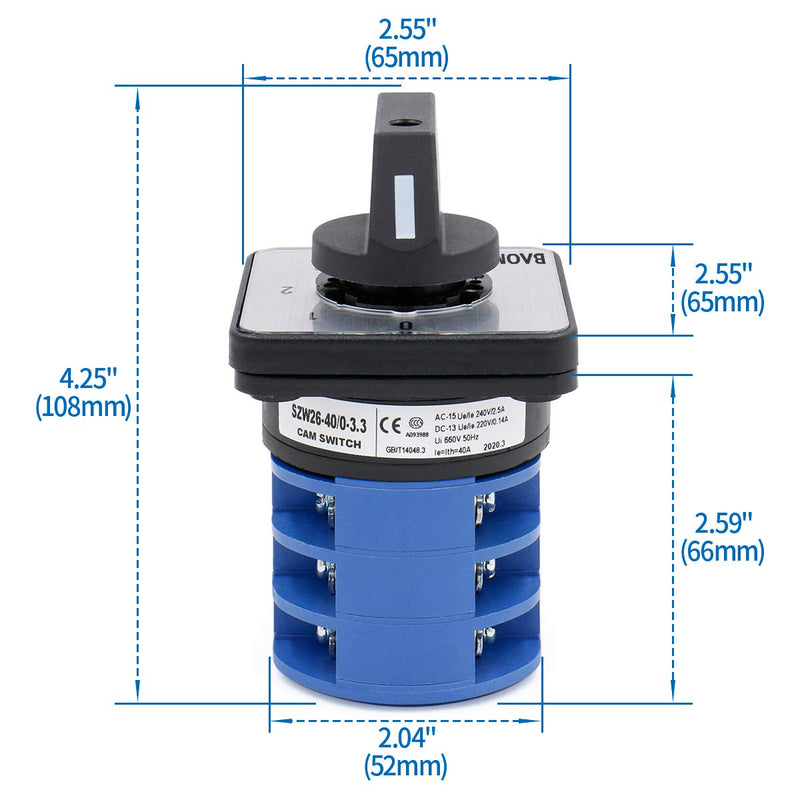 [Australia - AusPower] - Baomain 660V 40A 4 Positions 3 Phase 12 Terminals Changeover Control Rotary Cam Switch SZW26-40/0-3.3 