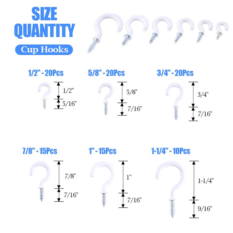 [Australia - AusPower] - Glarks 100-Pieces 6 Sizes White Vinyl Coated Cup Hooks Screw-in Ceiling Hooks Screw Hooks Mug Hooks Hangers Assortment Kit for Home and Office Use 