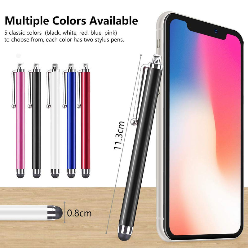 [Australia - AusPower] - Stylus Pen Set of 10 Pack for Universal Touch Screens, Capacitive Stylus Pens for Apple iPad, iPhone,Samsung,Kindle,Tablet,Surface and Other Touch Screen Devices(5 Color-Black, White,Red,Blue,Pink) 