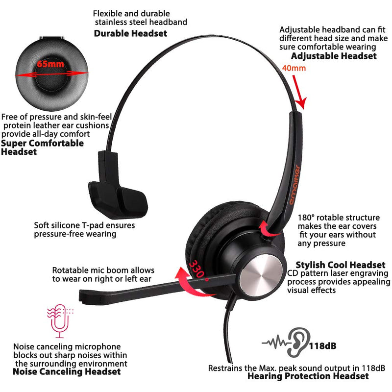[Australia - AusPower] - Emaiker Office IP Phone Headset with Noise Canceling Mic RJ9/RJ11 QD Cord Telephone Headset for HTek Fanvil Snom Grandstream Yealink T19P T20P T21P T22P T26P T28P T23G T29G T32 T41S T42S T46S Monaural 810SQDA 