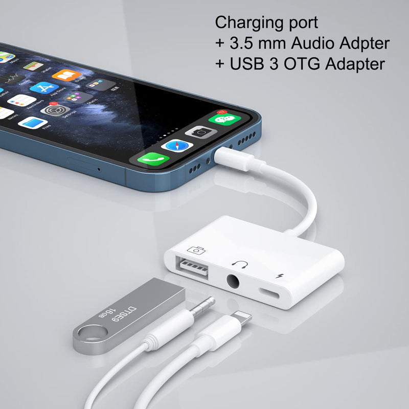 [Australia - AusPower] - USB to iPhone/iPad Adapter, iPhone USB Camera Adapter with 3.5mm Aux Jack and Charging Port, Compatible with iPhone 13 12 11 X 8 7, Support USB Flash Drive, MIDI Keyboard 