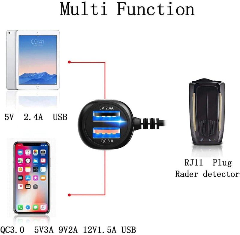 [Australia - AusPower] - Radar Detector Power Cord,for Uniden Escort Valentine Beltronics Passport Cobra etc Radar Detector,with Dual USB QC3.0 Quick Charger（RJ11 Black1 
