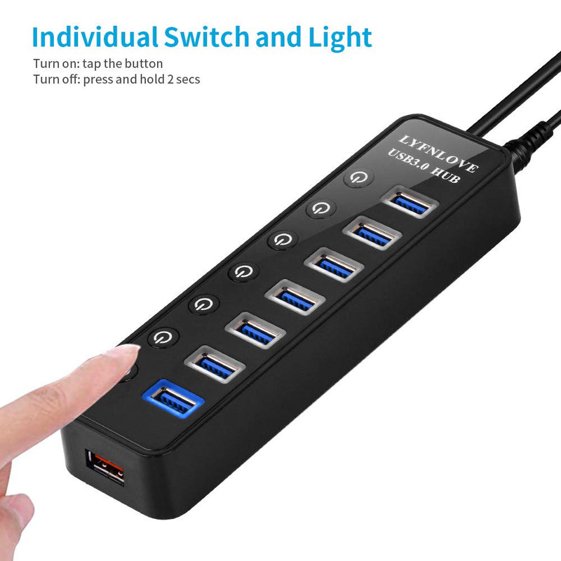 [Australia - AusPower] - USB Hub 3.0 Powered, LYFNLOVE USB Extender 7-Port Data USB Hub with Power Adapter and 1 Smart Charging Port, USB Splitter with On/Off Switches for MacBook, Mac Pro/Mini, iMac, Surface Pro Laptop/PC 