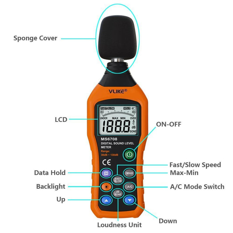 [Australia - AusPower] - VLIKE LCD Digital Audio Decibel Meter Sound Level Meter Noise Level Meter Sound Monitor dB Meter Noise Measurement Measuring 30 dB to 130 dB MAX Data Hold Function A/C Mode (Batteries Not Include) 