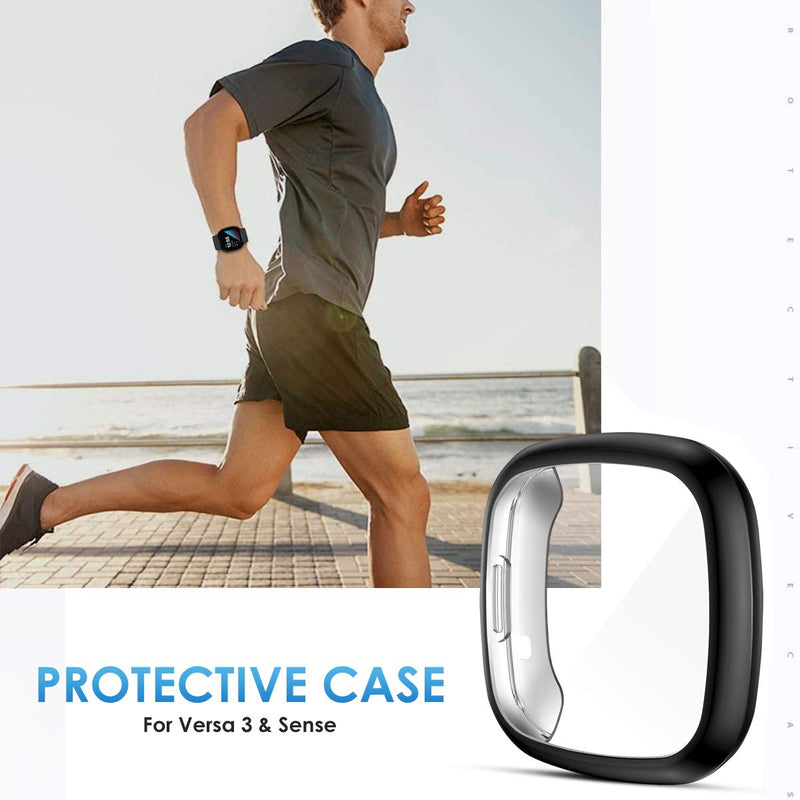 [Australia - AusPower] - LORDSON 3-Pack Screen Protector Case Compatible with Fitbit Sense/Versa 3, Soft Flexible TPU Bumper Case Full Protective Cover Frame Accessories for Sense/Versa 3 Smart Watch Black+Silver+Blue 