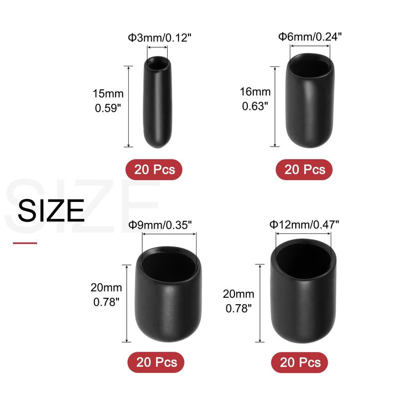 [Australia - AusPower] - uxcell 80pcs Round Rubber End Caps 1/8" 1/4" 3/8" 1/2" Black Vinyl Cover Screw Thread Protectors Assortment Kit 